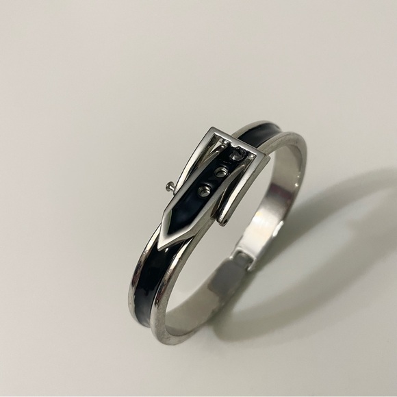 Adjustable Belt Black & Silver Enamel Paint Metal Hinged Bangle Bracelet - Picture 12 of 13